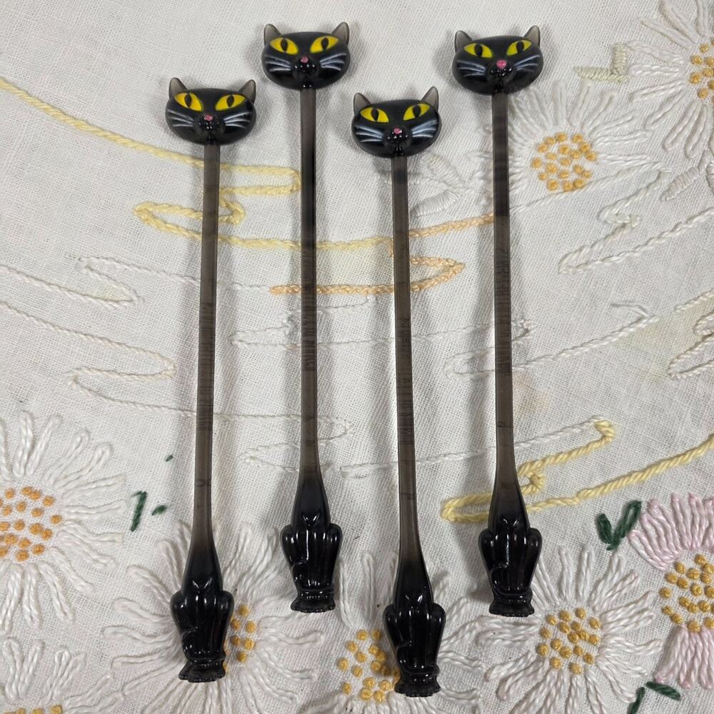 Atomic Cat Swizzle Sticks Set of 4 Accoutrements 2003 Black Cat Drink Stirrers